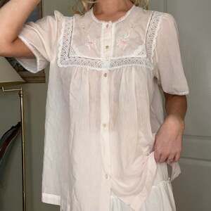 Vintage Sheer Baby Pink Lace Trim Floral Embroidered Lingerie Blouse
